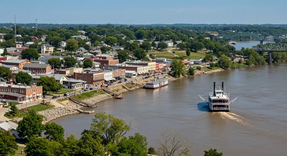 Mississippi River view from Hannibal, Missouri, a central literary landscape for Mark Twain's inspiration.