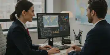 Modern travel agent assisting client with data-driven travel plans for 2025.