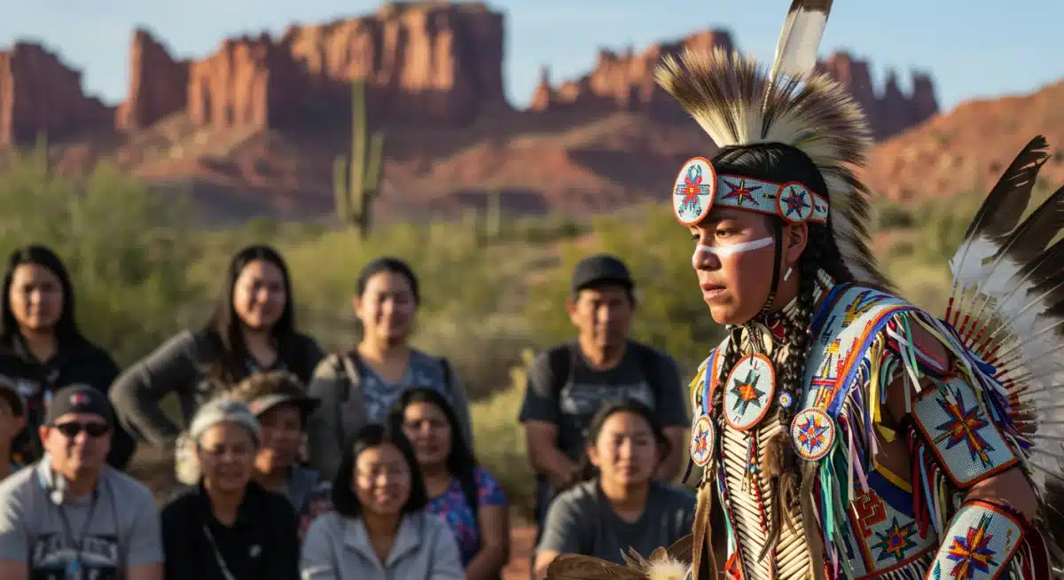 Native American dancer in traditional regalia performing at a cultural festival in the US.