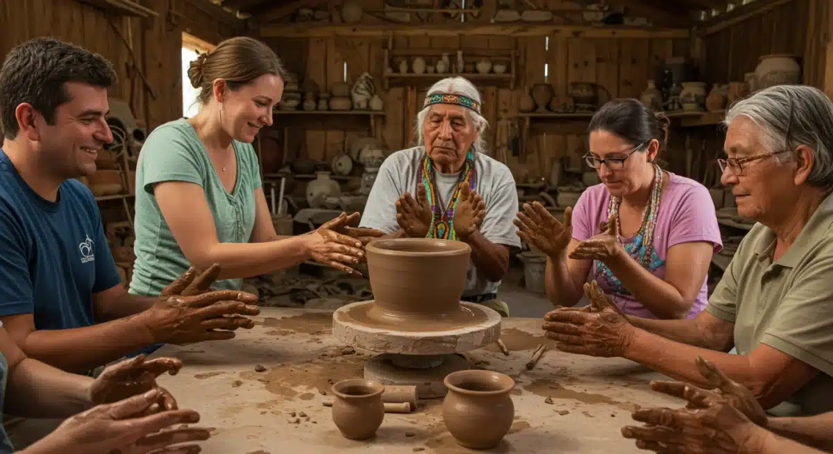 Travelers learning traditional Native American pottery from an elder artisan, emphasizing hands-on cultural immersion.