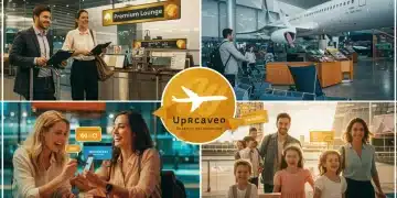 Illustration of diverse new loyalty program benefits in 2025, including premium lounge access, flight upgrades, and luxury hotel stays, highlighting enhanced travel rewards.