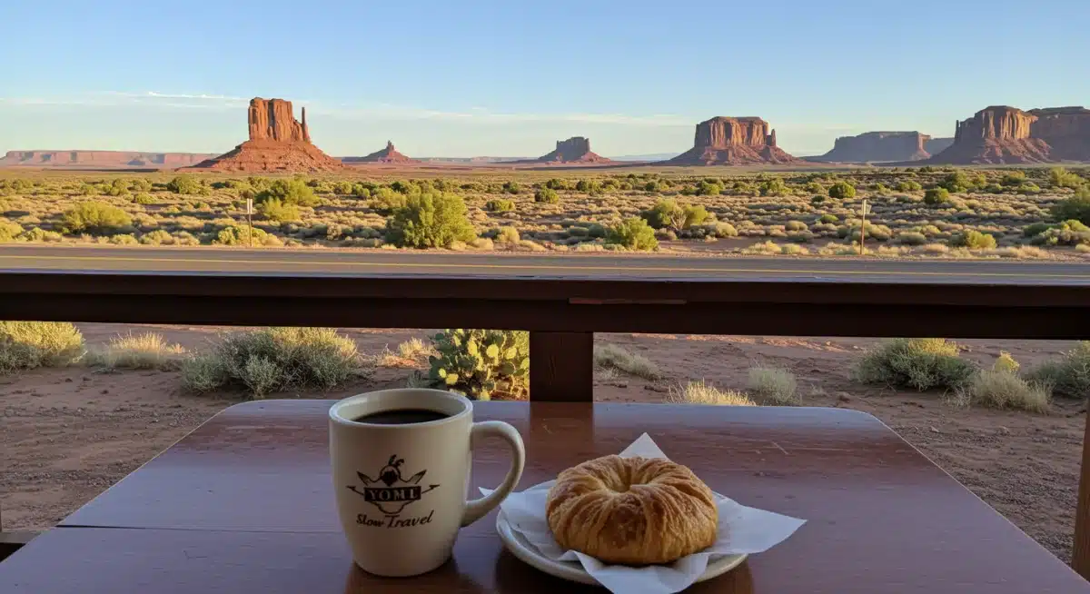 Roadside diner view of New Mexico desert during slow travel