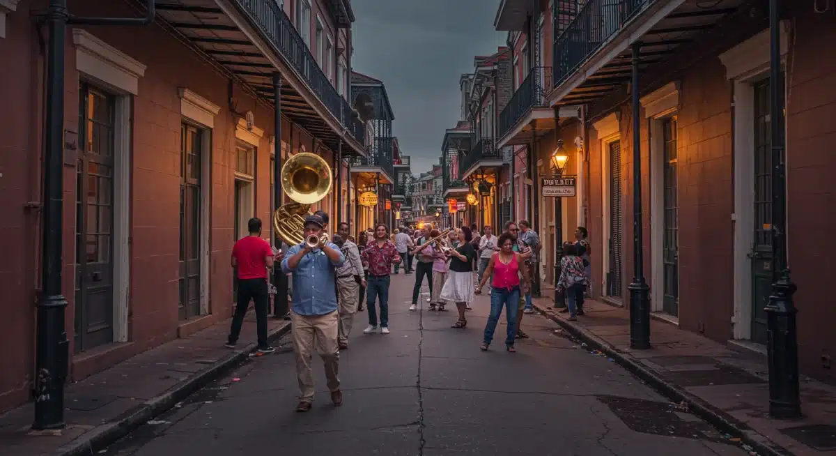 Vibrant jazz scene and historic architecture in New Orleans French Quarter, showcasing Southern culture.