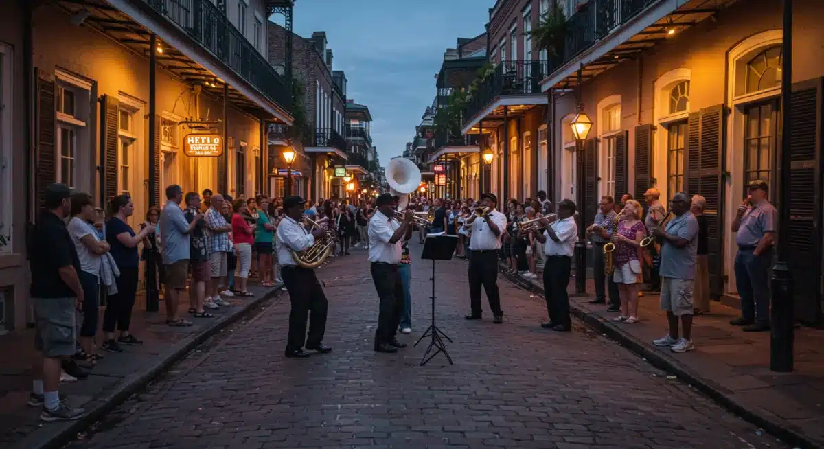 New Orleans French Quarter street band performing jazz at dusk.