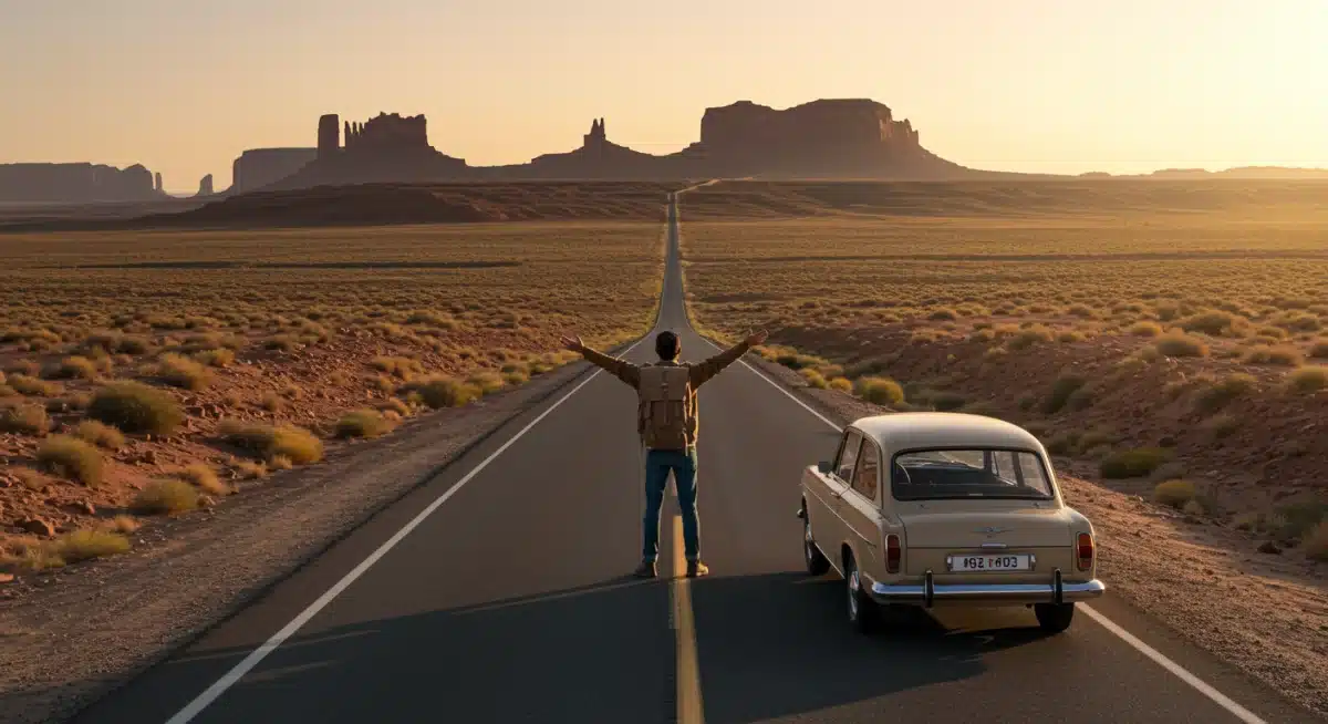 Traveler embracing freedom on a desert road during a spontaneous 2025 US trip.