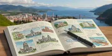 Open travel journal with US landmarks and handwritten notes