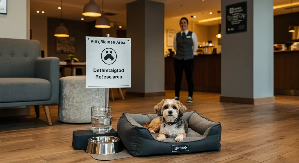 Pet-friendly hotel lobby with dog bed and water bowl