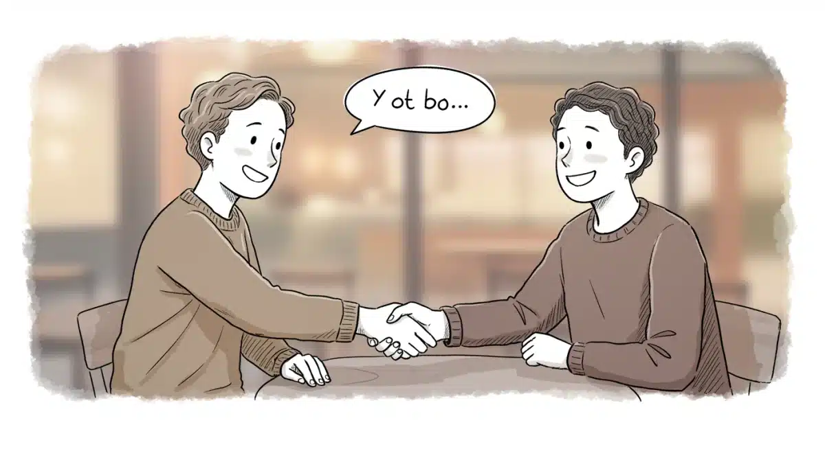 Illustration of two people politely shaking hands and greeting, representing common social interactions in the U.S.