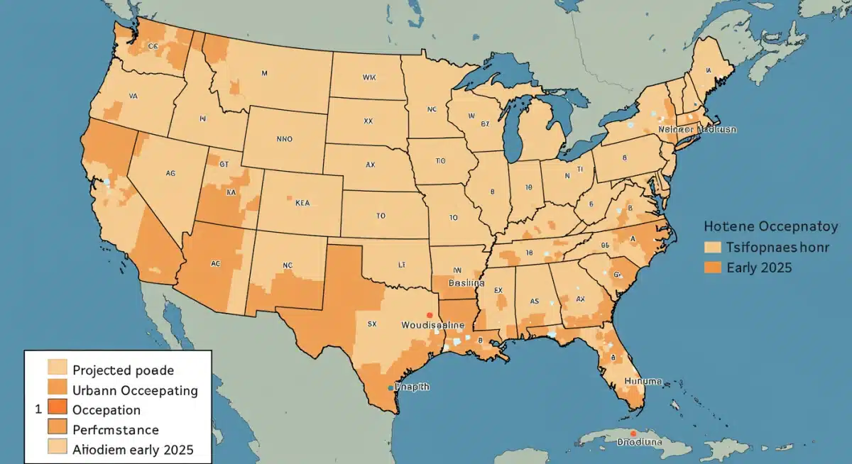U.S. map with regional hotel occupancy rate projections for early 2025