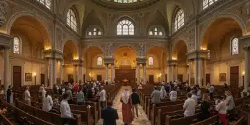 Diverse people exploring a multi-faith worship site, symbolizing religious diversity in the U.S.