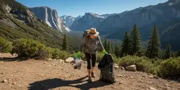 Traveler practicing responsible tourism in a US national park, collecting waste.
