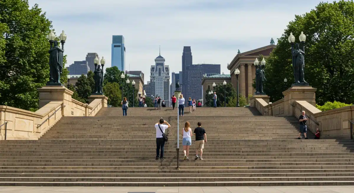 Tourists recreating the Rocky pose on the steps of the Philadelphia Museum of Art