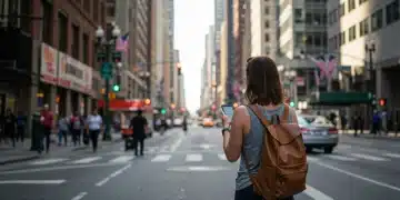 Solo female traveler navigating a city street safely with smartphone