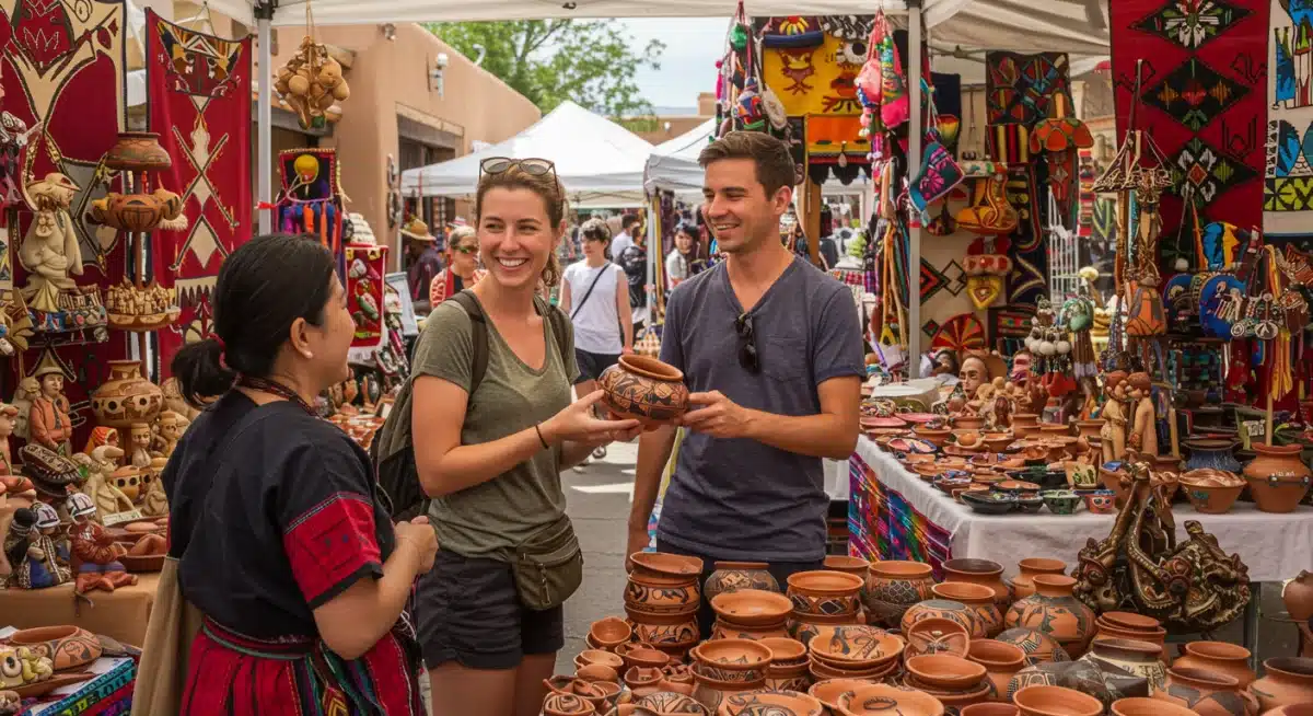 Traveler interacting with local artisans in Santa Fe, New Mexico, experiencing Southwestern culture.