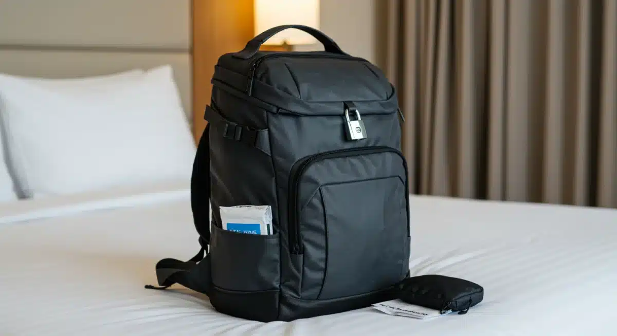 Organized travel backpack with safety features in hotel room