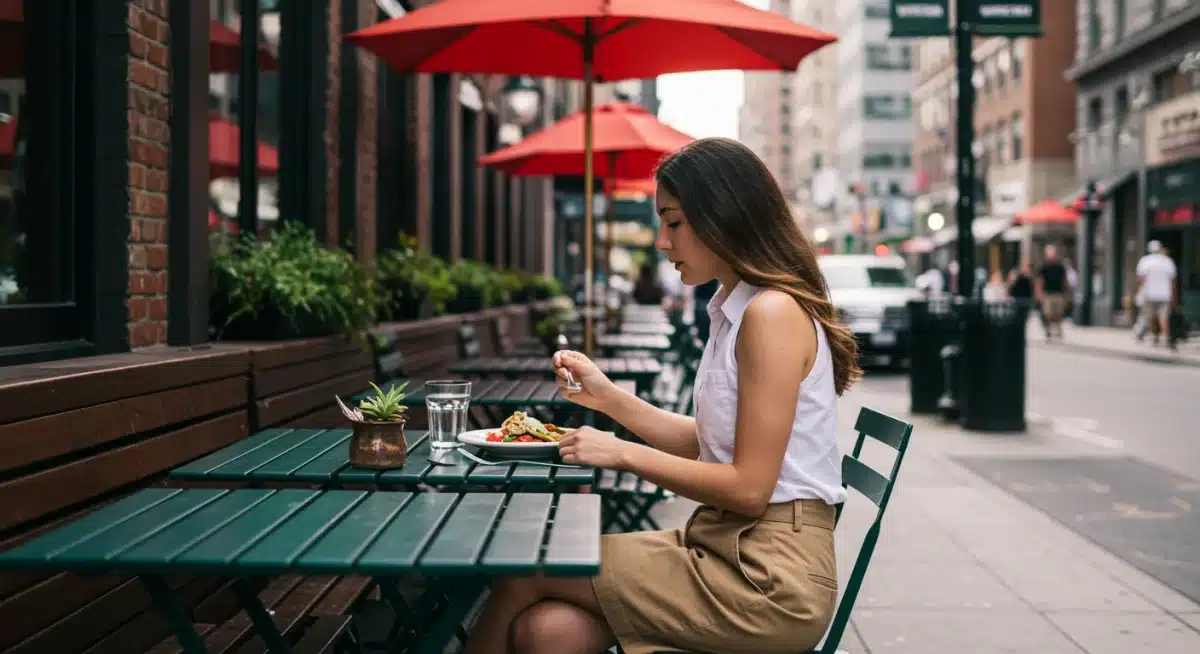 Young woman dining alone in a U.S. city, reflecting solo urban travel trends.