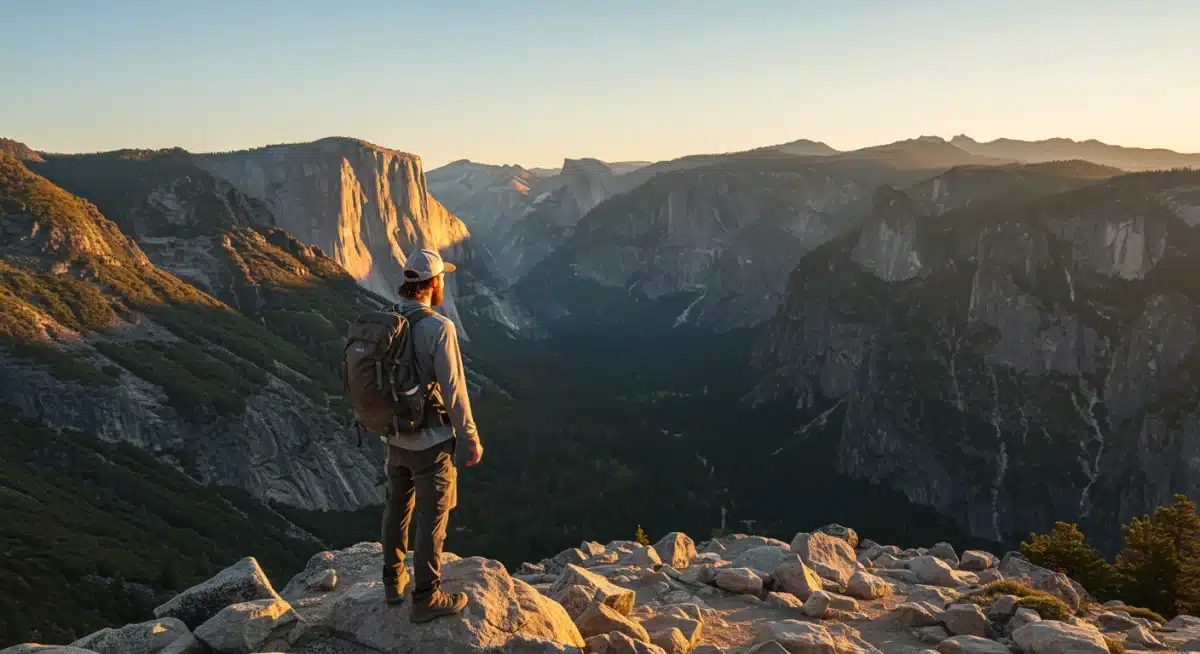 Solo hiker on a mountain summit in a US National Park