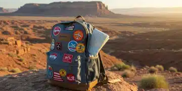 Backpack with travel patches against a scenic US landscape, symbolizing spontaneous adventure during a 2025 trip.