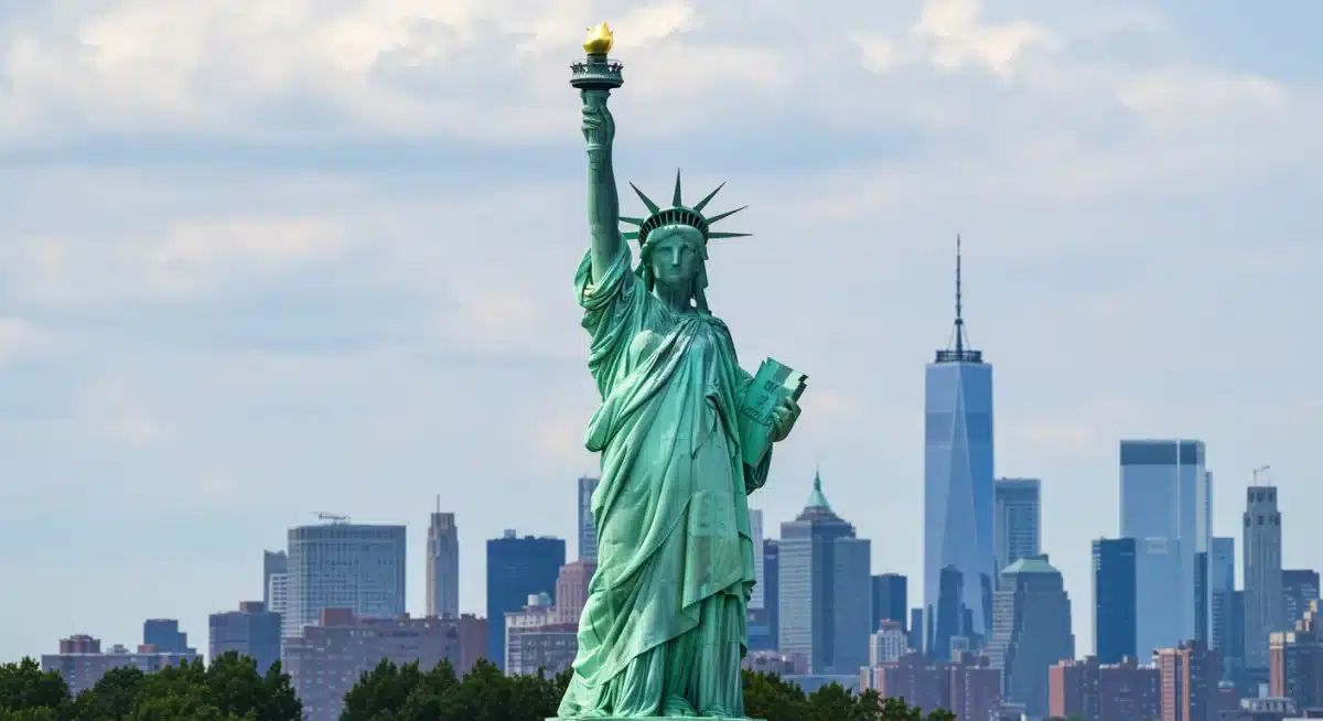 Statue of Liberty, a symbol of freedom and democracy, standing tall in New York Harbor.