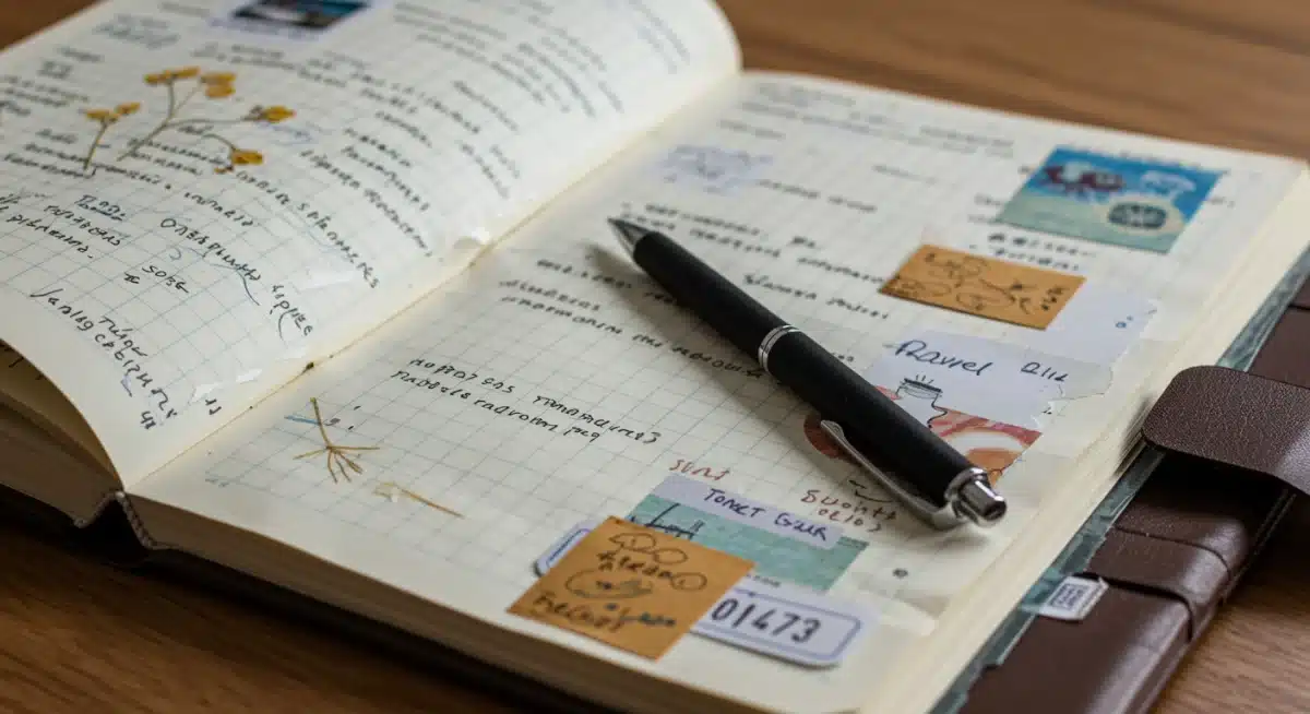 Travel journal with handwritten notes and mementos, documenting a spontaneous 2025 US journey.