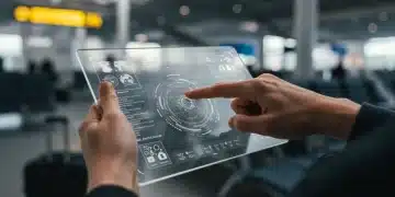 Traveler interacting with augmented reality travel interface on transparent tablet