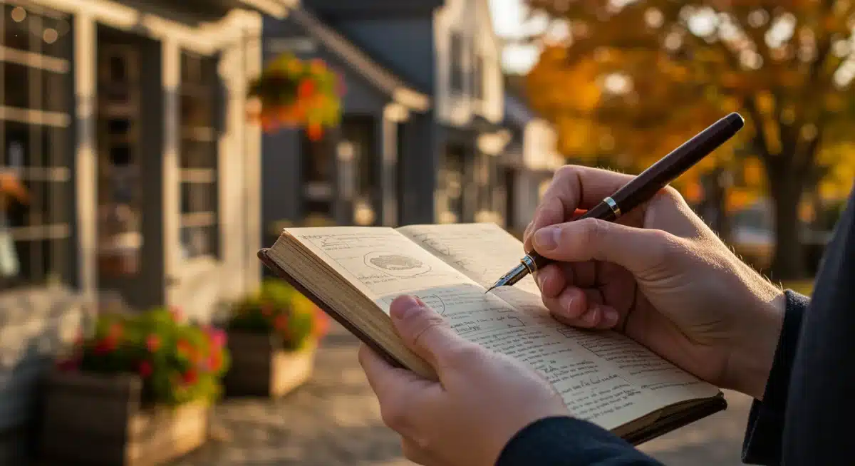 Traveler writing in journal in a quaint Vermont town