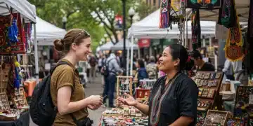 Traveler connecting with local artisan at a vibrant US market