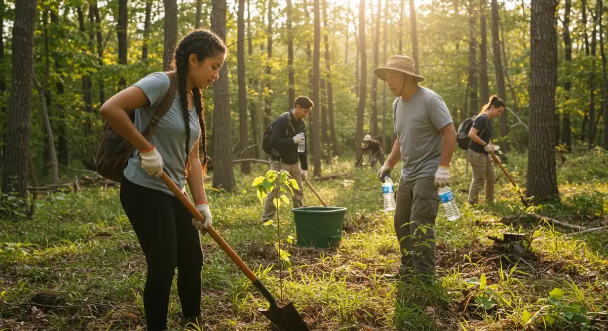 Travelers planting trees in a US reforestation project, active conservation.