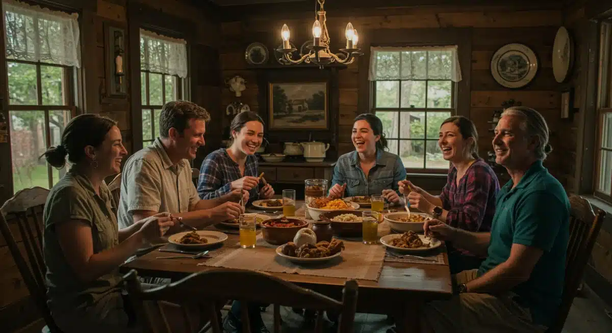 Travelers sharing a traditional meal with a local family in the American South