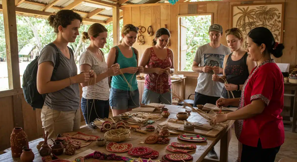 Travelers learning traditional crafts from local artisan during a community-led tour
