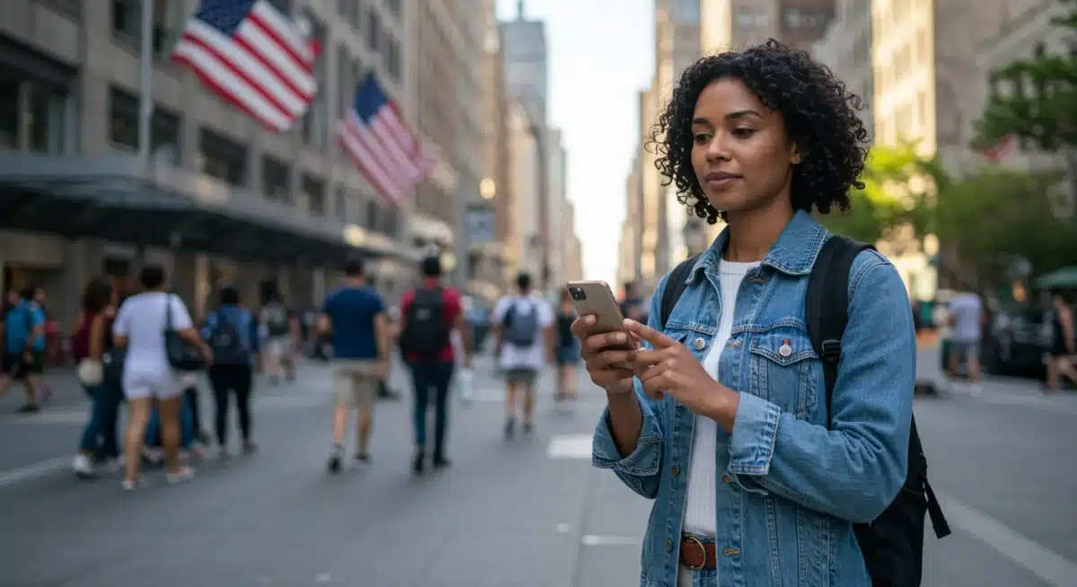 Solo female traveler confidently exploring a vibrant US city street, demonstrating urban navigation.