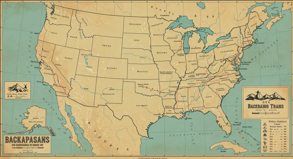Detailed map of US with backpacking routes and landmarks.