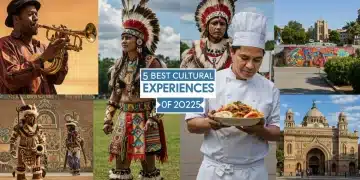 Colorful collage depicting diverse cultural experiences in the US in 2025, from jazz to historical sites.