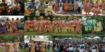 Vibrant scenes from diverse U.S. cultural festivals in 2025, featuring music, dance, art, and food.