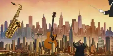 Vibrant city skylines with musical instruments, symbolizing diverse U.S. live music experiences in spring 2025.