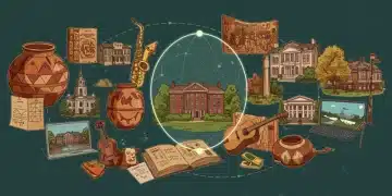 Diverse U.S. cultural artifacts and landmarks interconnected by glowing preservation lines, symbolizing heritage conservation.