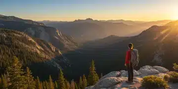 Hiker overlooking vast US natural landscape at sunset, showcasing the beauty of the American wilderness.