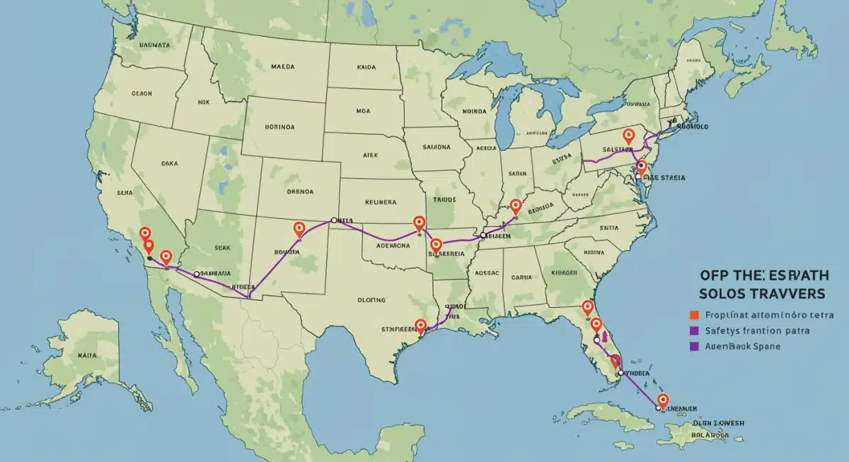 Detailed US travel map with highlighted safe routes and planning tips for solo female adventurers.