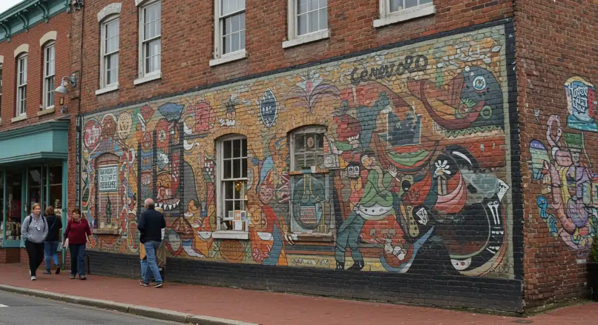 Vibrant hand-painted mural in a small American town, reflecting local art and culture.