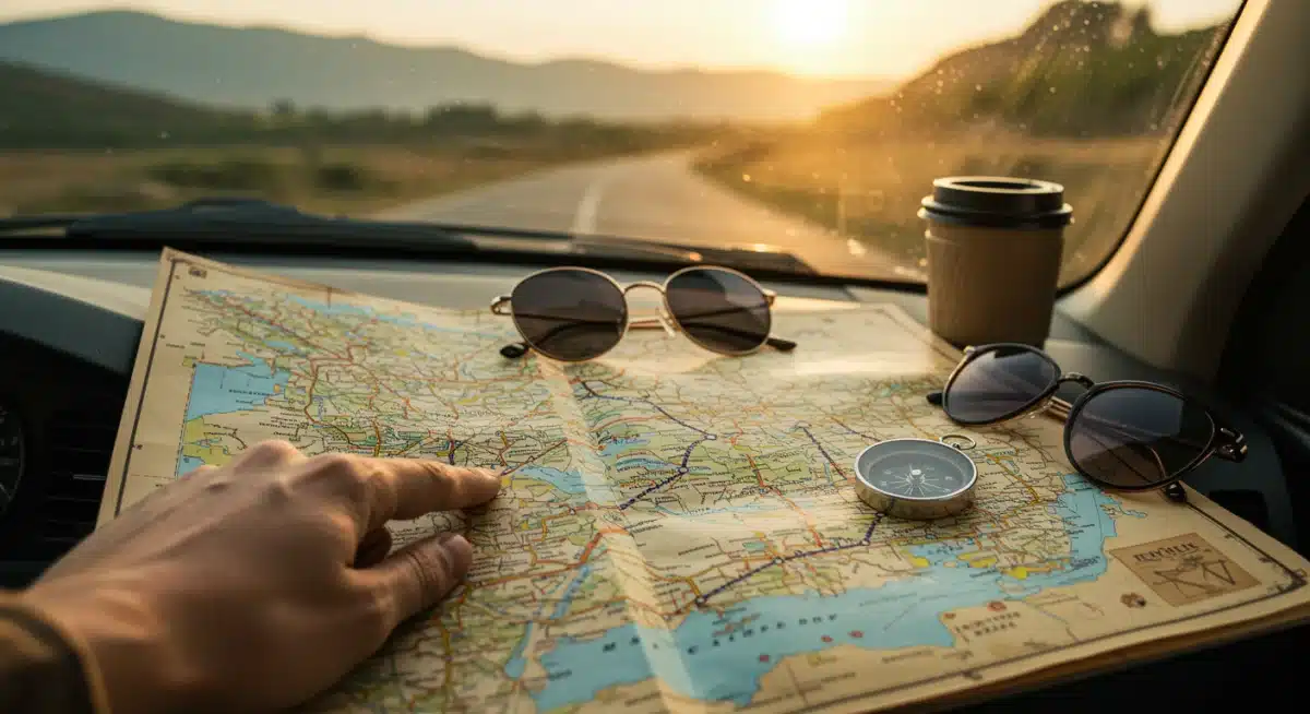 Traveler's hand pointing at a vintage map on a car dashboard, planning a US road trip.