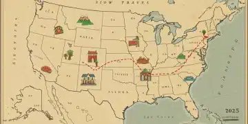Vintage map with slow travel route through US states 2025