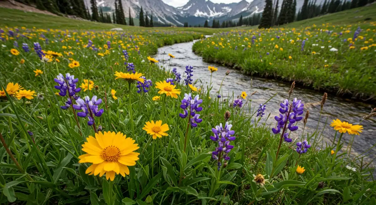 Colorful wildflower meadow with stream and mountains in a US national park.